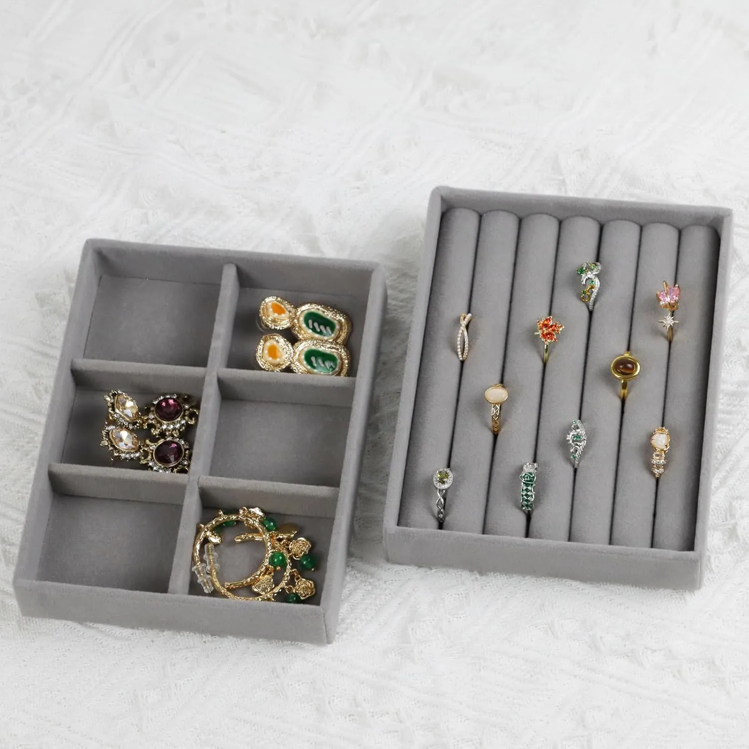 Velvet Jewelry Organizer Box, Jewelry Drawer Organizers Trays, Earring Ring Necklace Holder Display Case (Gray, Ring 6 Grid Trays)