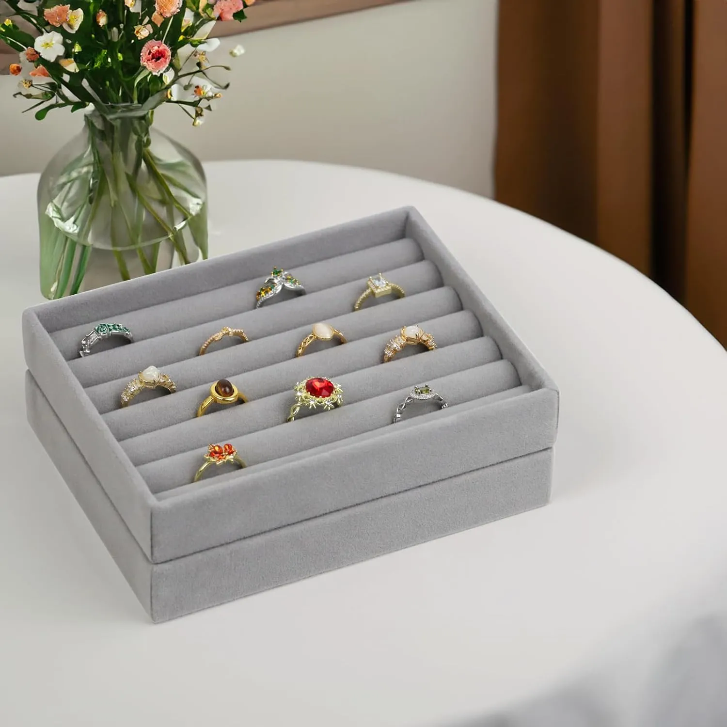 Velvet Jewelry Organizer Box, Jewelry Drawer Organizers Trays, Earring Ring Necklace Holder Display Case (Gray, Ring 6 Grid Trays)