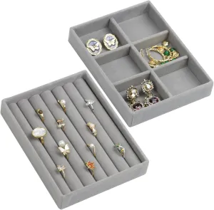 Velvet Jewelry Organizer Box, Jewelry Drawer Organizers Trays, Earring Ring Necklace Holder Display Case (Gray, Ring 6 Grid Trays)