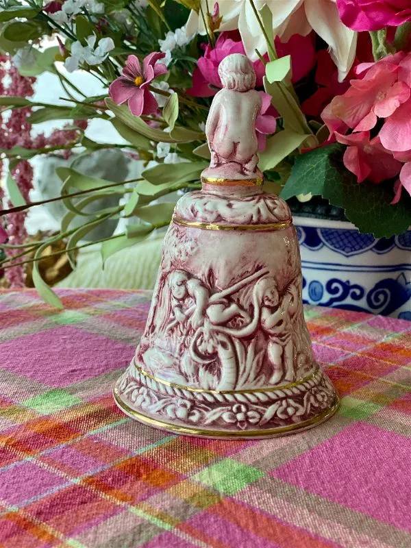 vintage compadimonte pink and white bell with children/angels