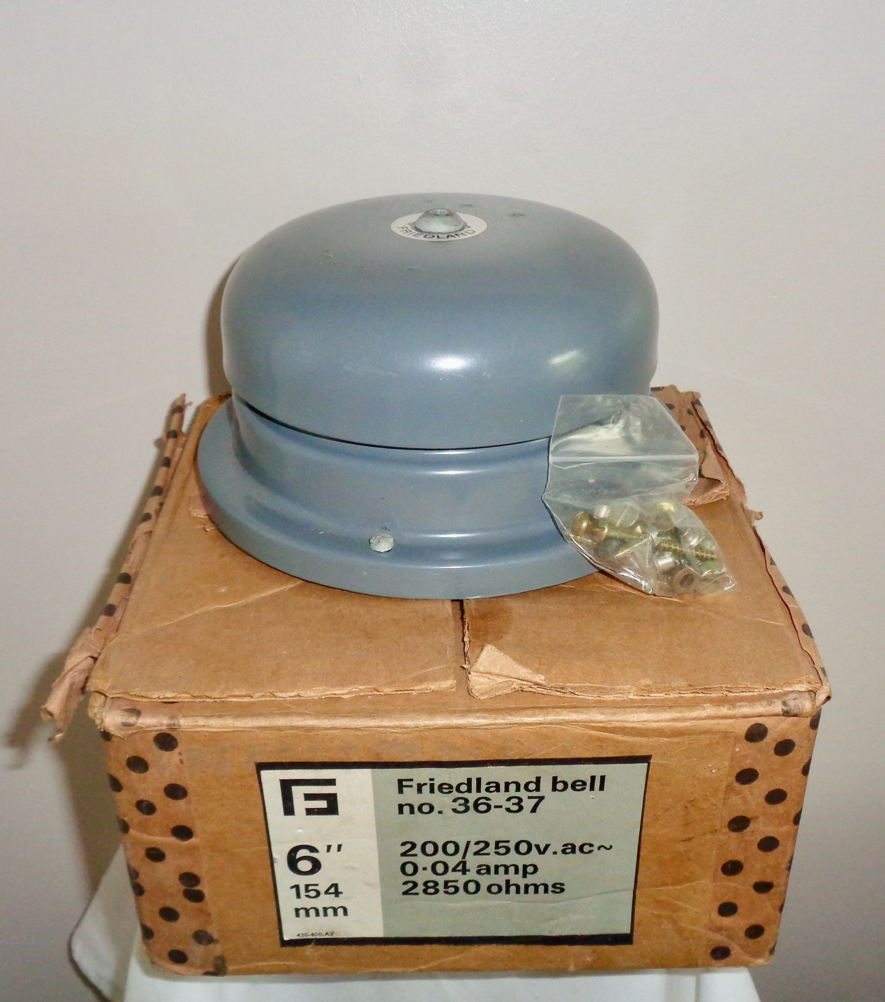 Vintage Friedland Industrial 6 Inch Metal Bell No. 36-37 200/250v 0.04 Amp. New Old Stock
