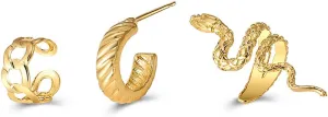 Vintage Snake Ear Clip Set for Women Her Boho Chunky 14k Gold Silver Non Piercing Cartilage Cuff Earrings Gothic Serpent Clip On Wrap Earrings
