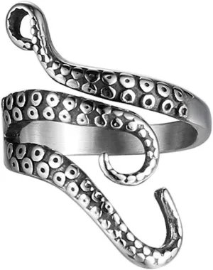 Vintage Stainless Steel Octopus Ring for Women Men Adjustable Polished Tentacles Retro Gothic Punk Style Jewelry Silver Black with Velvet Bag