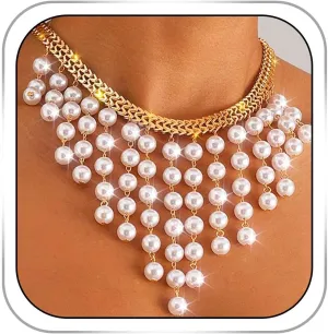 Vinzar Pearl Pendant Necklace Pearl Tassels Necklaces Gold Bead Choker Bride Necklace Jewelry for Women