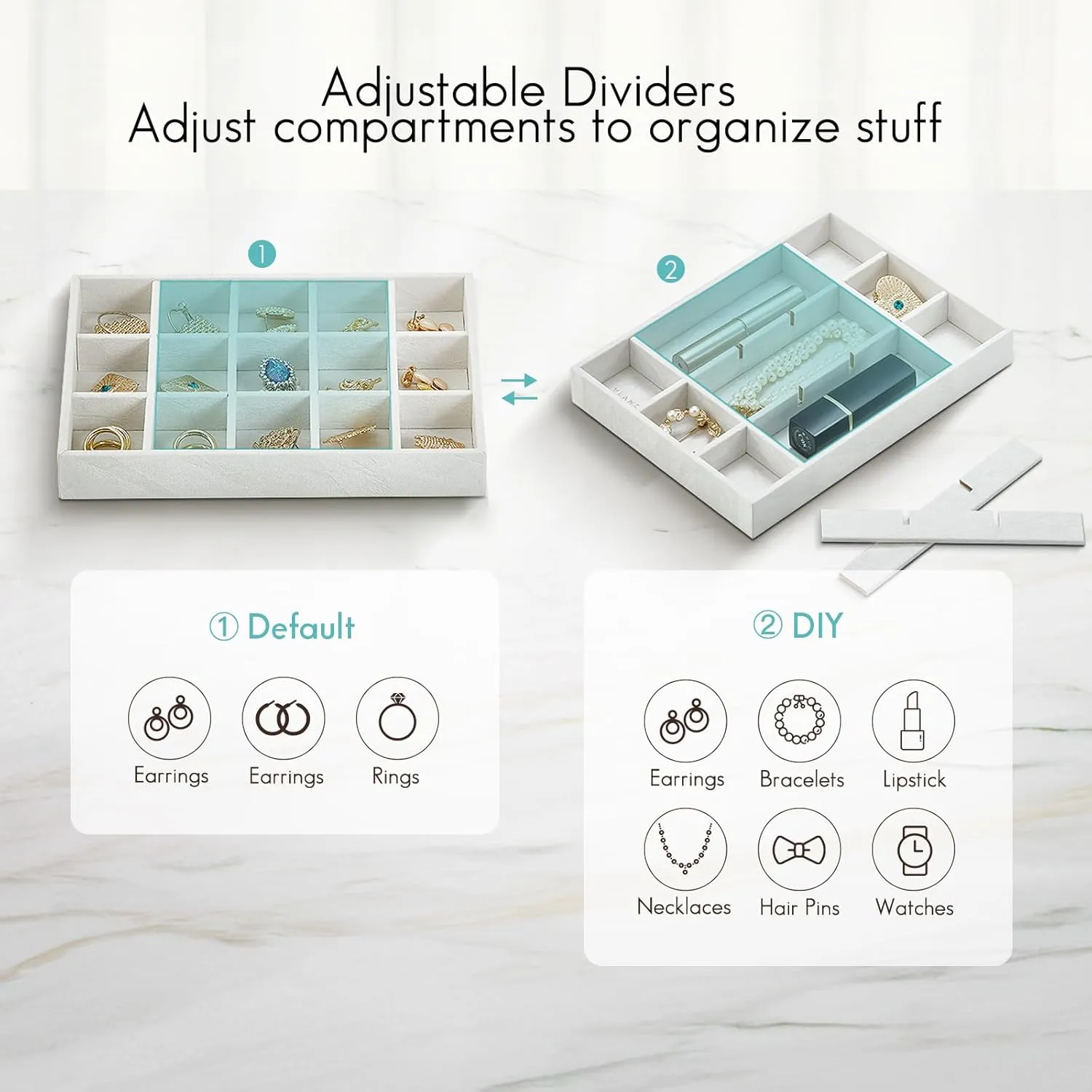 Vlando Jewelry Tray With 6 Grids & Rings Slot - Small Stackable Organizer for Drawer, Soft Lining DIY Combinations Tray - White