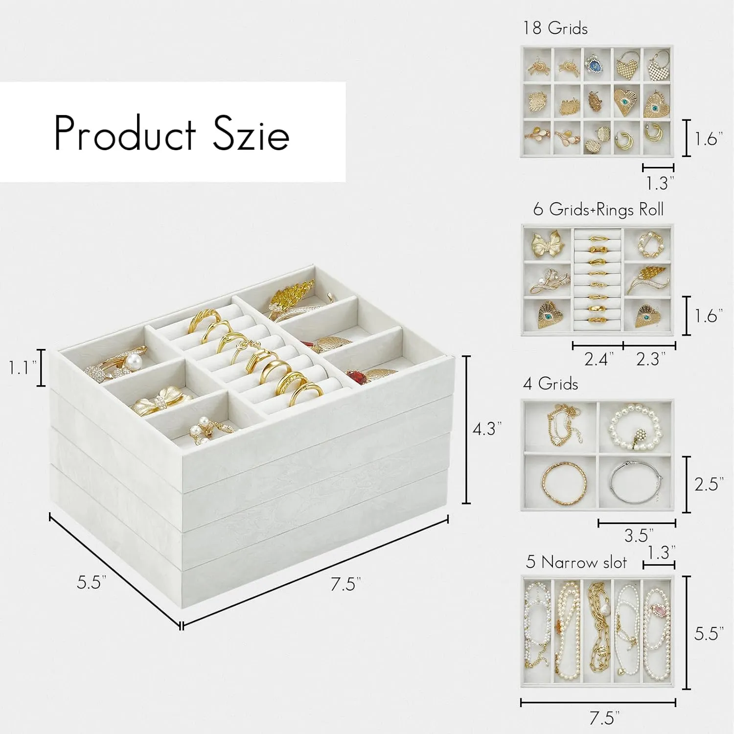 Vlando Jewelry Tray With 6 Grids & Rings Slot - Small Stackable Organizer for Drawer, Soft Lining DIY Combinations Tray - White