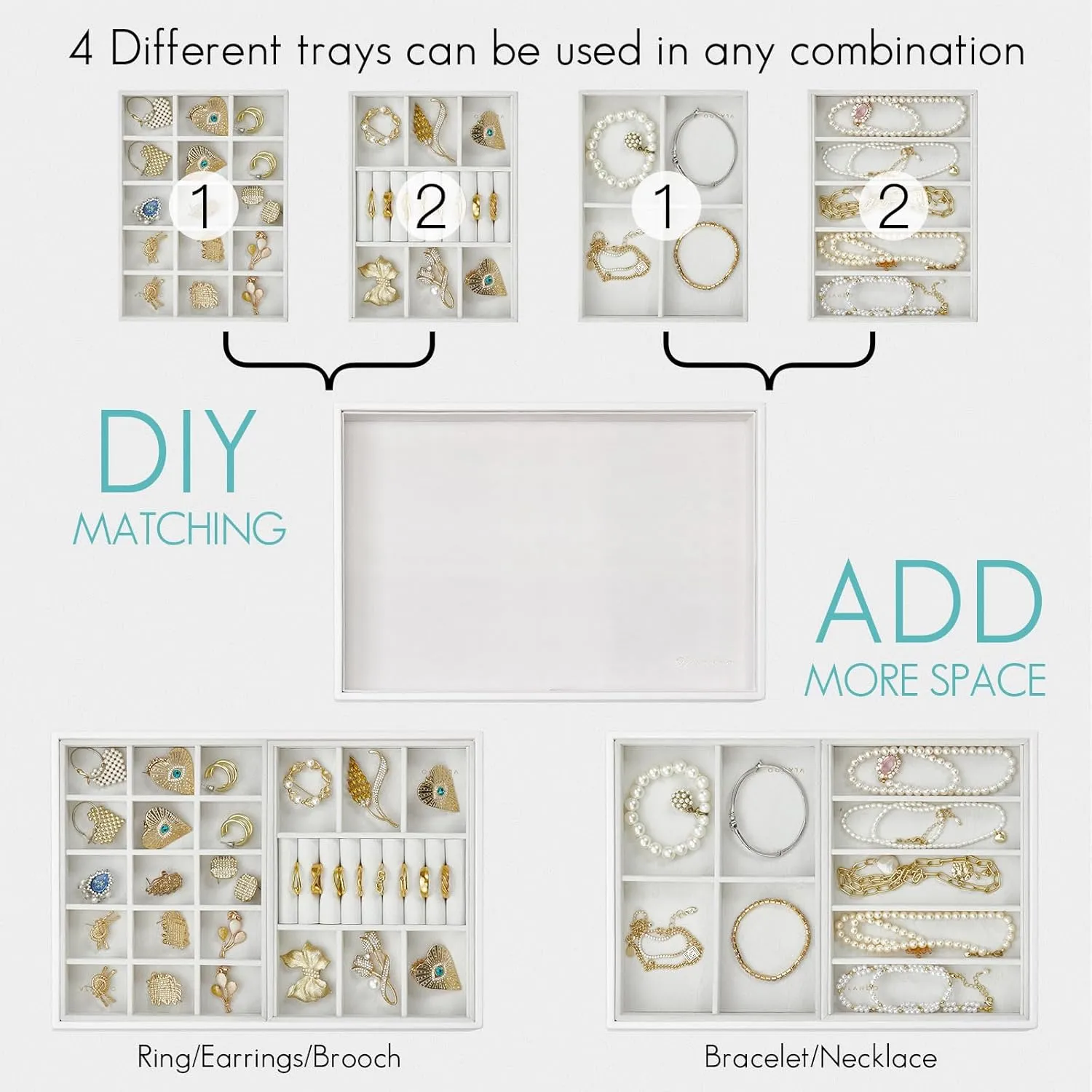 Vlando Jewelry Tray With 6 Grids & Rings Slot - Small Stackable Organizer for Drawer, Soft Lining DIY Combinations Tray - White