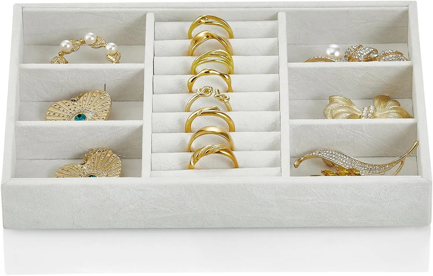 Vlando Jewelry Tray With 6 Grids & Rings Slot - Small Stackable Organizer for Drawer, Soft Lining DIY Combinations Tray - White