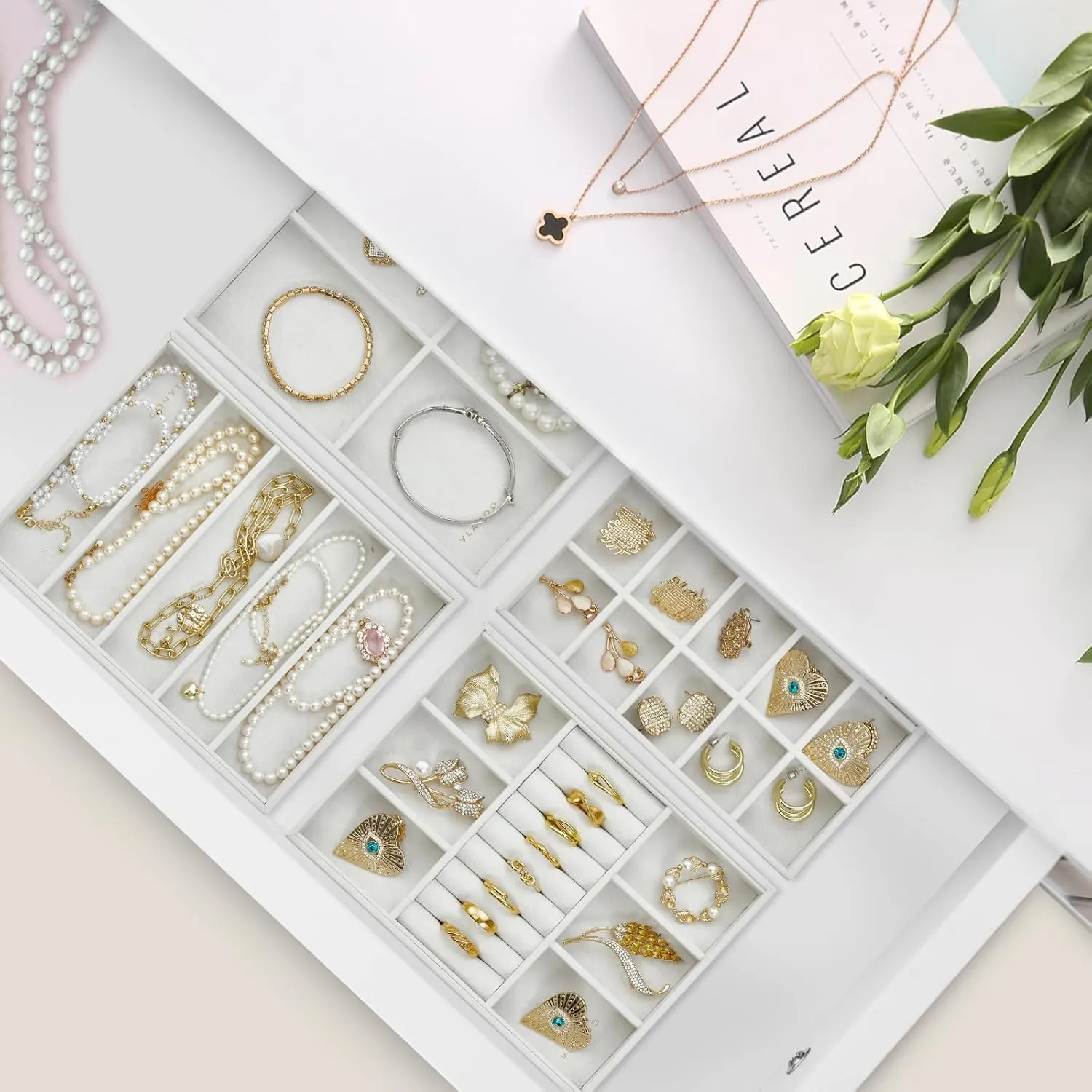 Vlando Jewelry Tray With 6 Grids & Rings Slot - Small Stackable Organizer for Drawer, Soft Lining DIY Combinations Tray - White