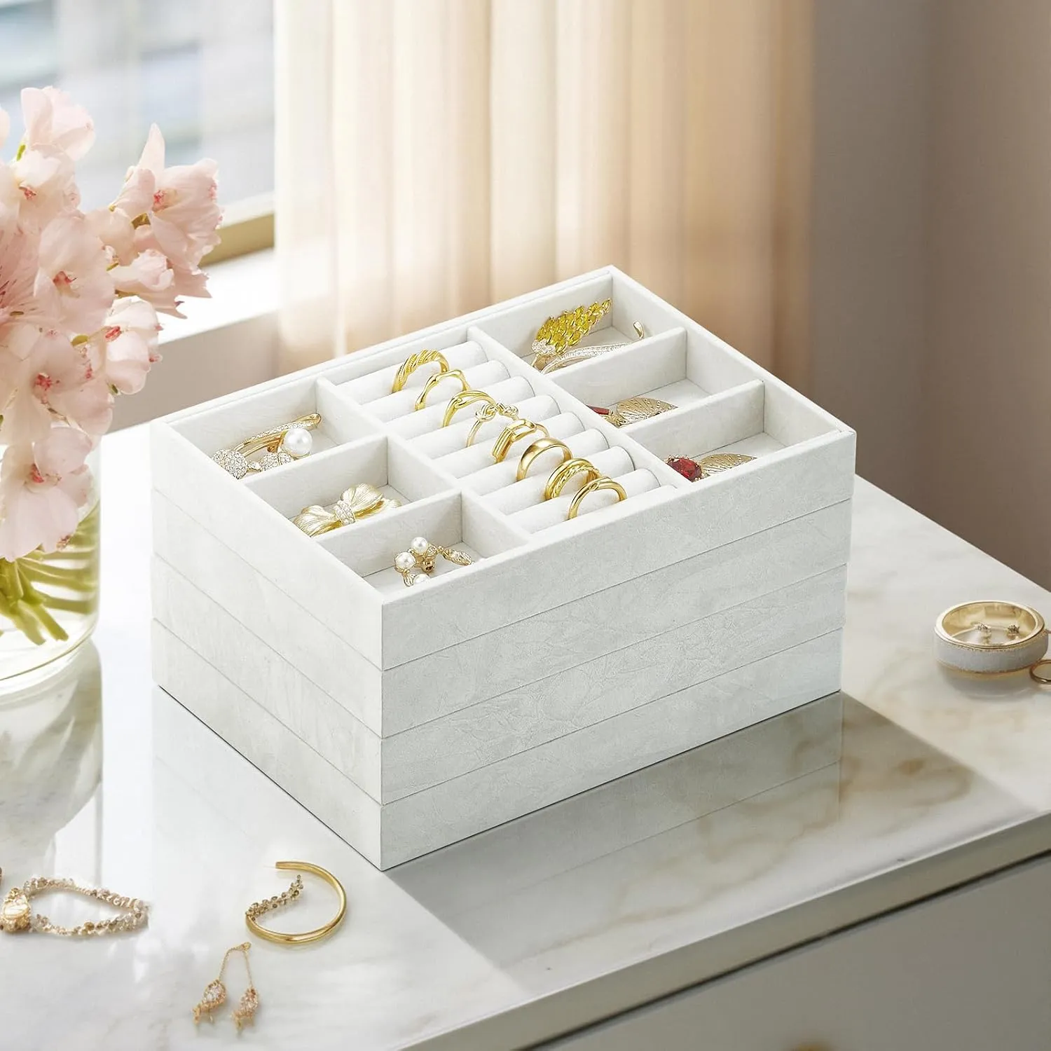 Vlando Jewelry Tray With 6 Grids & Rings Slot - Small Stackable Organizer for Drawer, Soft Lining DIY Combinations Tray - White