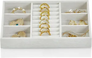Vlando Jewelry Tray With 6 Grids & Rings Slot - Small Stackable Organizer for Drawer, Soft Lining DIY Combinations Tray - White