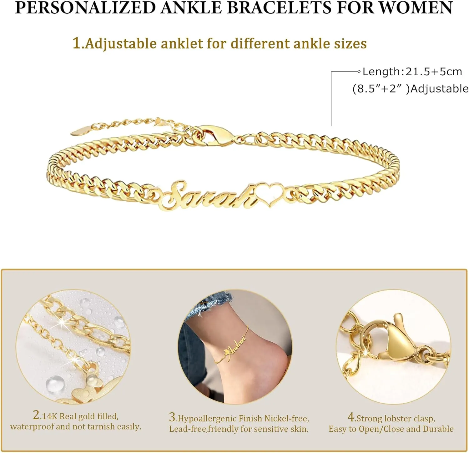 VNOX Gold Anklet Bracelet - Personalized Gold Plated Stainless Steel Anklets Waterproof,Customized Names Large Chain Anklet, Beach Boho Ankle Jewelry Gifts for Women Teen Girls