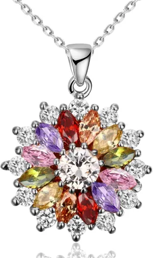 VONSSY Colorful Snowflake Pendant Necklace Earrings Rose Gold 5A Cubic Zirconia | Crystal Sweater Chain | Multi Gemstone Garnet Amethyst Morganite Peridot Prom Rhinestone Necklaces for Women Vintage Stylish Gift