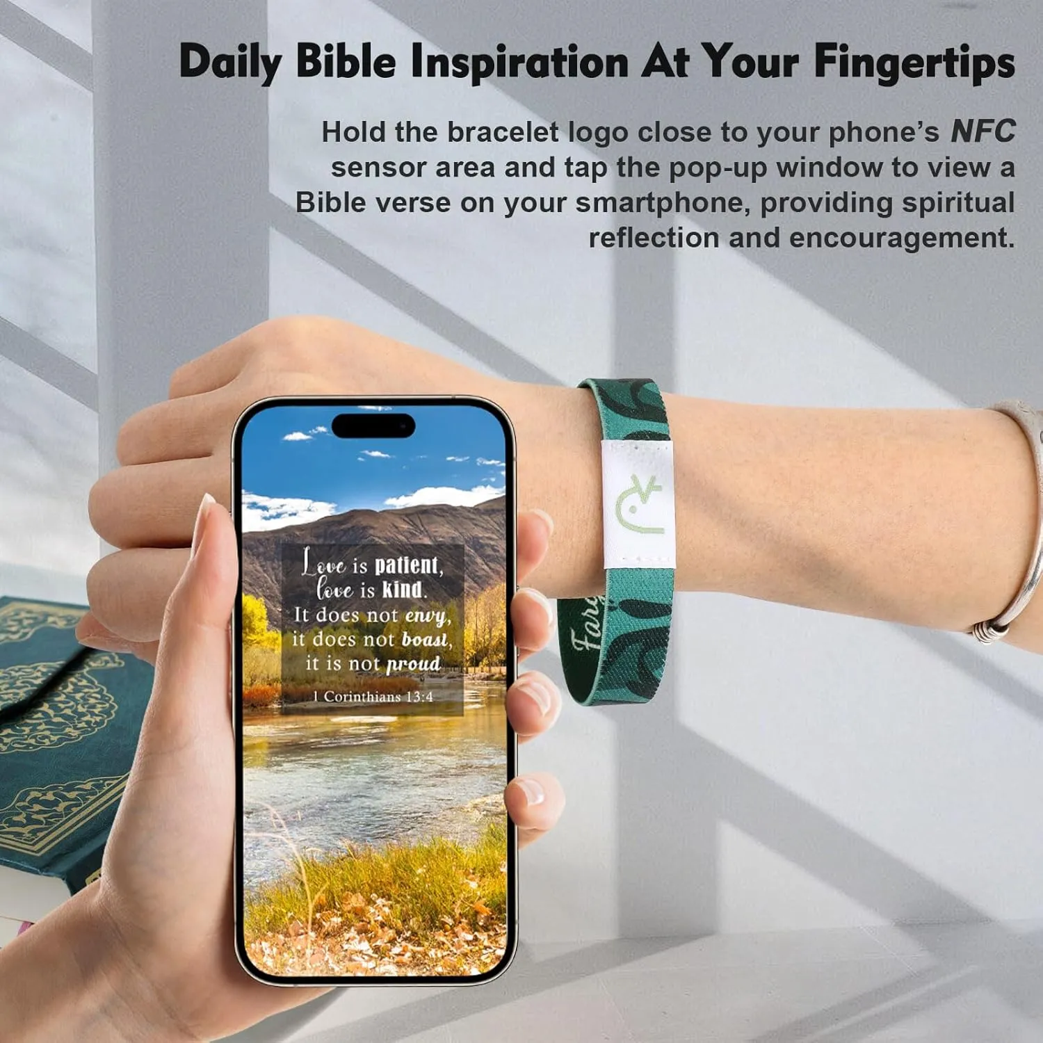 WALLFID 2pcs Daily Bible Verse Bracelet with NFC,Elastic Scripture Scripture Bracelet,Prayer Bracelet,Inspirational Religious Scripture Wristbands for Women, Men, Teens