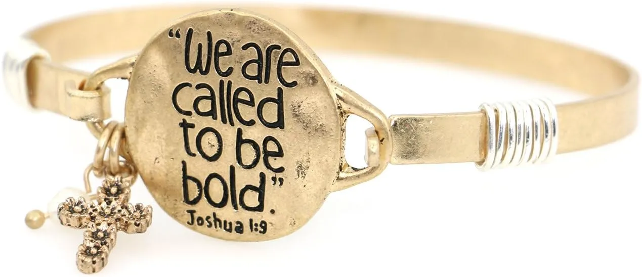 We are Called to be Bold Joshua 1:9 Beautiful Christian Bangle Bracelet with Wire Design and Cross Charm and Pearl Bead