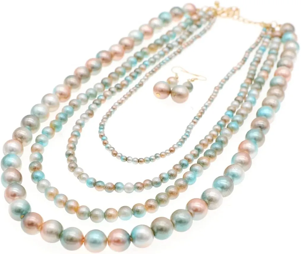 We We Imitation Pearl Necklace for Women Large Chunky Pearl Necklaces Multilayer Pearl Necklace and Earring 1920s Costume Jewelry set