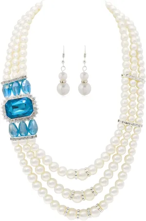 We We Imitation Pearl Necklace for Women Large Chunky Pearl Necklaces Multilayer Pearl Necklace and Earring 1920s Costume Jewelry set