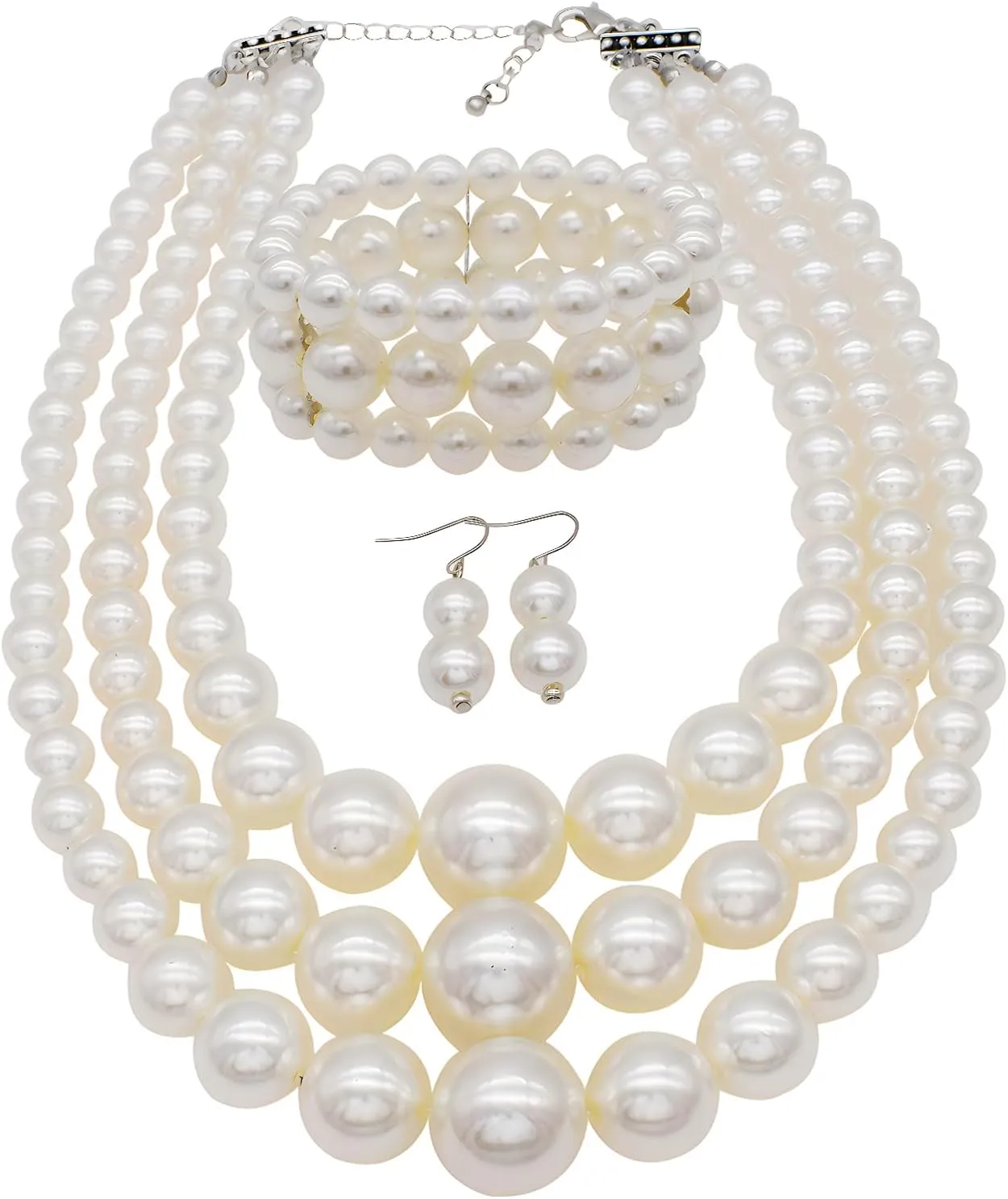 We We Imitation Pearl Necklace for Women Large Chunky Pearl Necklaces Multilayer Pearl Necklace and Earring 1920s Costume Jewelry set