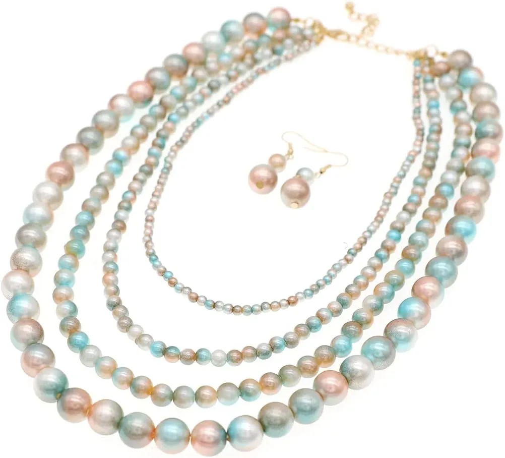 We We Imitation Pearl Necklace for Women Large Chunky Pearl Necklaces Multilayer Pearl Necklace and Earring 1920s Costume Jewelry set