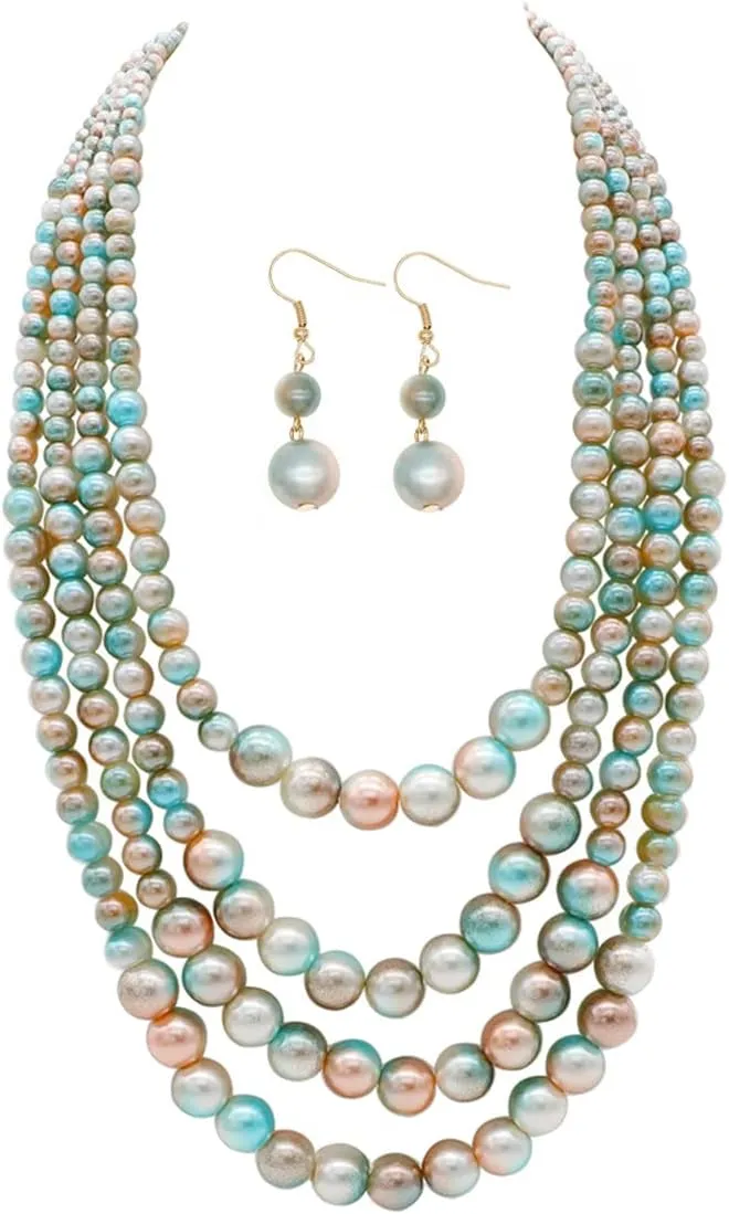 We We Imitation Pearl Necklace for Women Large Chunky Pearl Necklaces Multilayer Pearl Necklace and Earring 1920s Costume Jewelry set