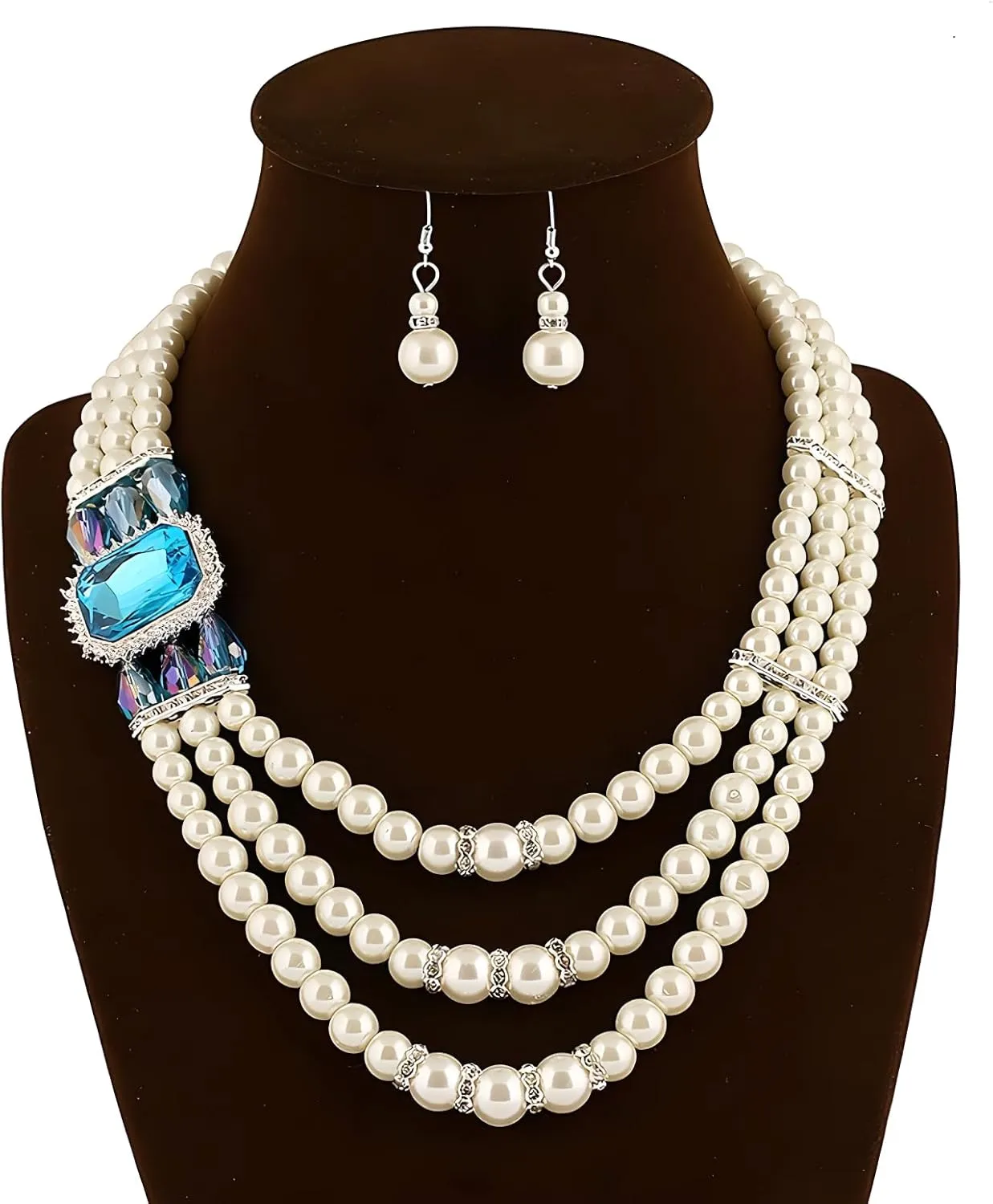 We We Imitation Pearl Necklace for Women Large Chunky Pearl Necklaces Multilayer Pearl Necklace and Earring 1920s Costume Jewelry set