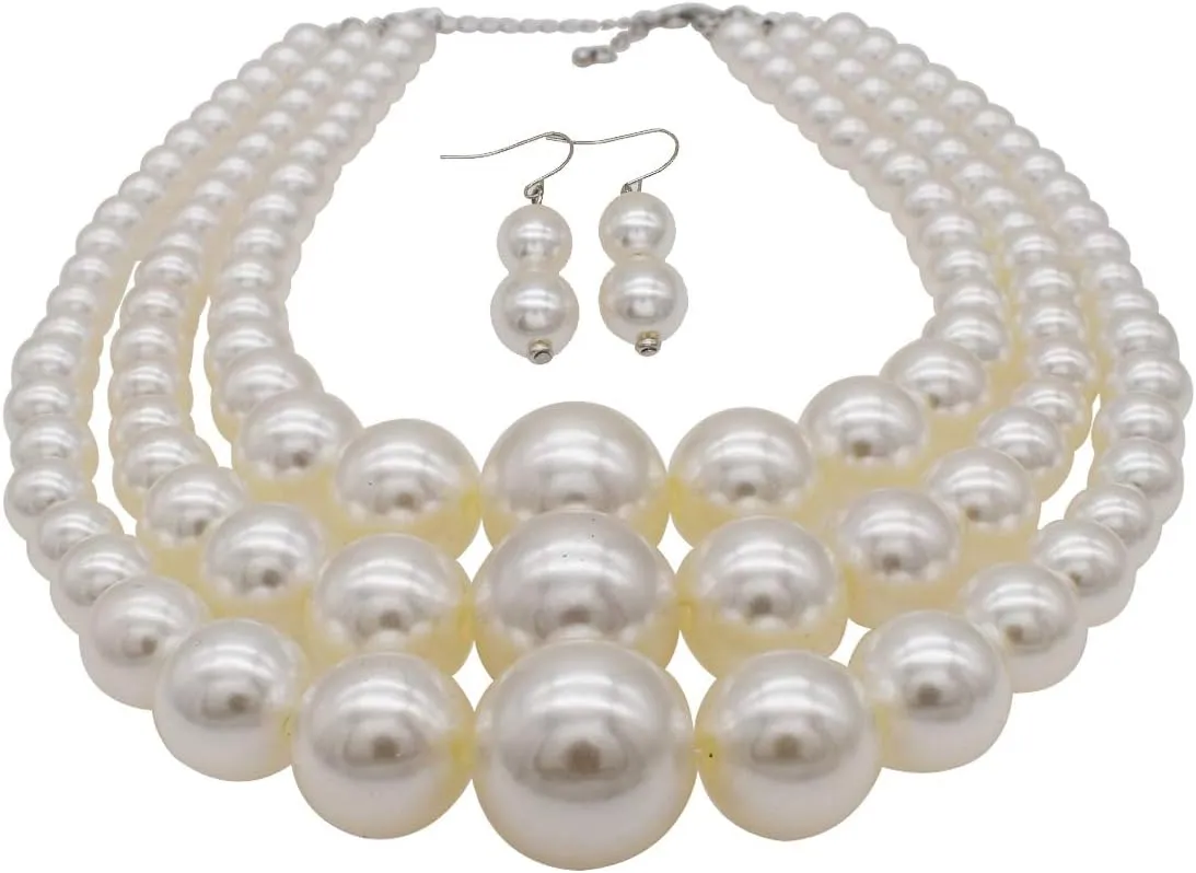We We Imitation Pearl Necklace for Women Large Chunky Pearl Necklaces Multilayer Pearl Necklace and Earring 1920s Costume Jewelry set