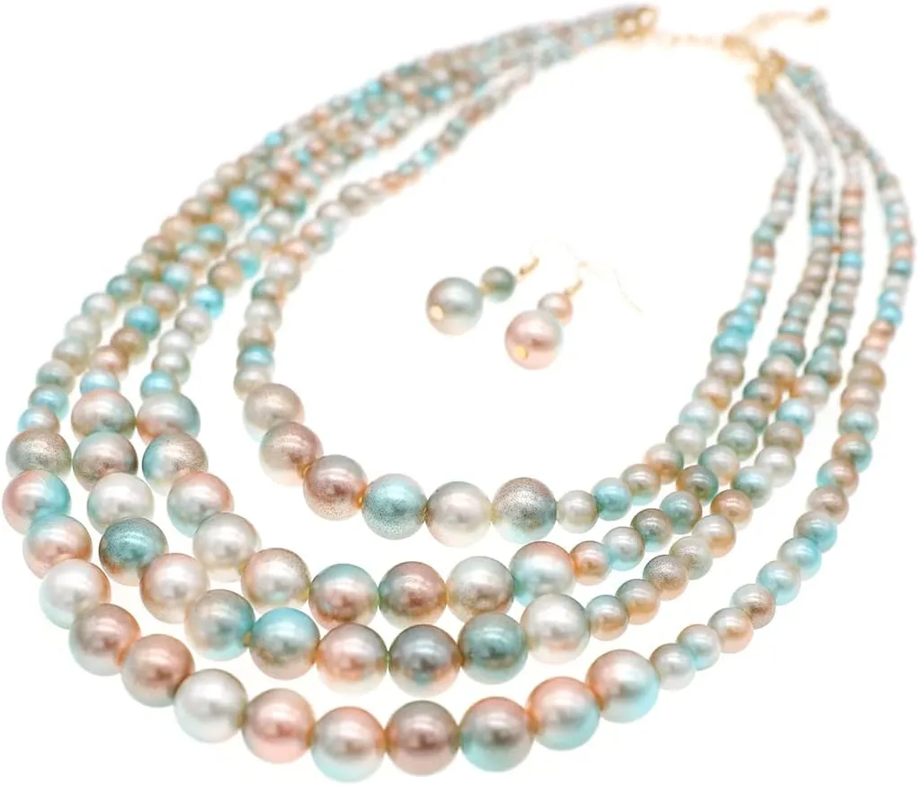 We We Imitation Pearl Necklace for Women Large Chunky Pearl Necklaces Multilayer Pearl Necklace and Earring 1920s Costume Jewelry set