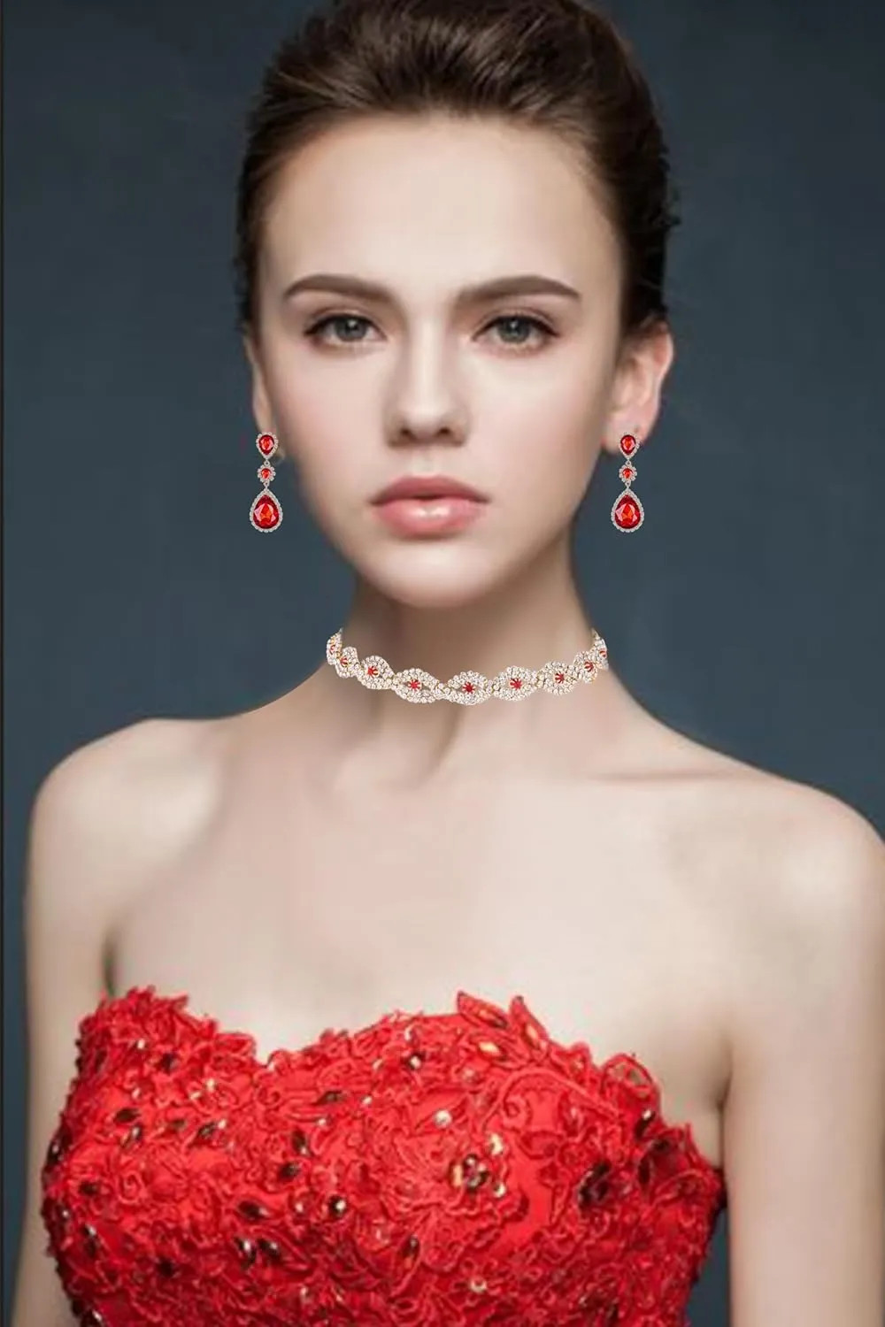 Women Classic Elegant Sparkling Infinity Design Rhinestone Crystal Choker Necklace Earrings Bracelet Jewelry Set for Wedding Bridal Bridesmaids Party