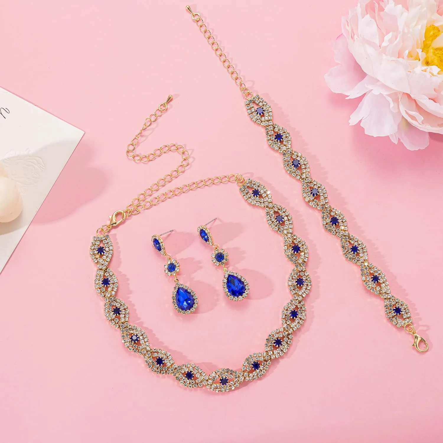 Women Classic Elegant Sparkling Infinity Design Rhinestone Crystal Choker Necklace Earrings Bracelet Jewelry Set for Wedding Bridal Bridesmaids Party