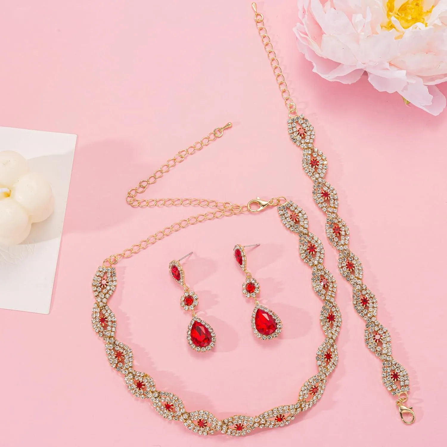 Women Classic Elegant Sparkling Infinity Design Rhinestone Crystal Choker Necklace Earrings Bracelet Jewelry Set for Wedding Bridal Bridesmaids Party