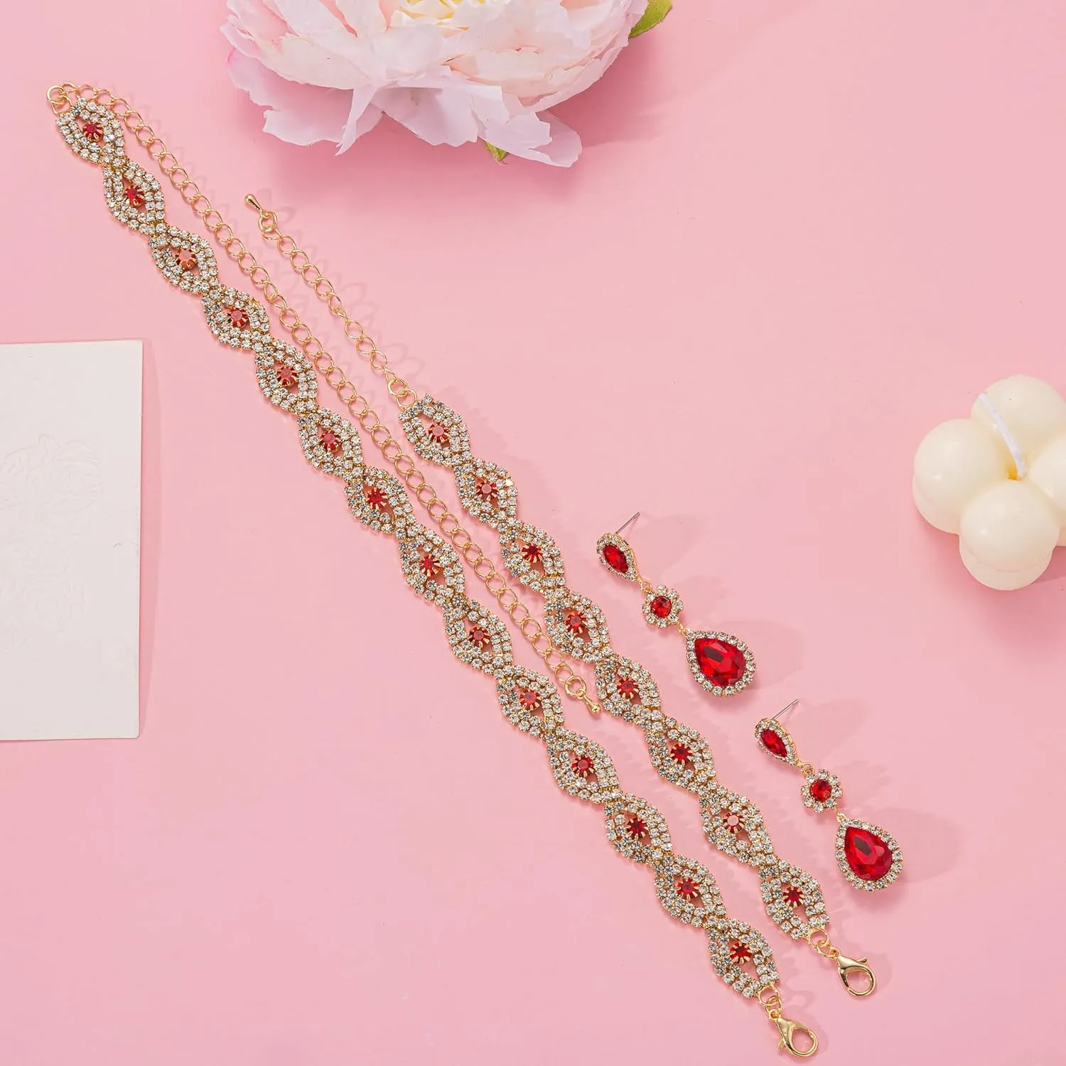 Women Classic Elegant Sparkling Infinity Design Rhinestone Crystal Choker Necklace Earrings Bracelet Jewelry Set for Wedding Bridal Bridesmaids Party