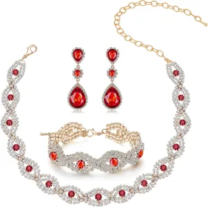 Women Classic Elegant Sparkling Infinity Design Rhinestone Crystal Choker Necklace Earrings Bracelet Jewelry Set for Wedding Bridal Bridesmaids Party