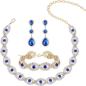 Women Classic Elegant Sparkling Infinity Design Rhinestone Crystal Choker Necklace Earrings Bracelet Jewelry Set for Wedding Bridal Bridesmaids Party