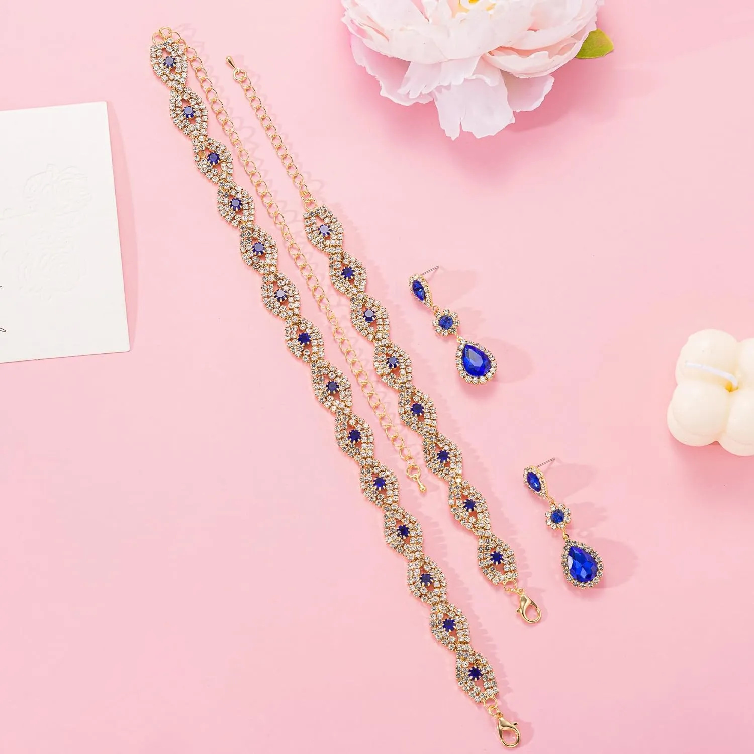 Women Classic Elegant Sparkling Infinity Design Rhinestone Crystal Choker Necklace Earrings Bracelet Jewelry Set for Wedding Bridal Bridesmaids Party