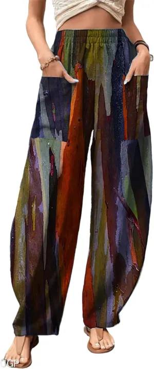 Womens Linen Elastic High Waist Harem Cropped Pants Casual Floral Baggy Linen Wide Leg Capri Pants Trousers with Pockets