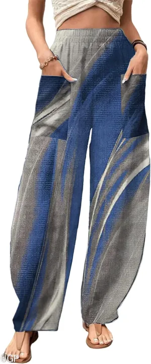 Womens Linen Elastic High Waist Harem Cropped Pants Casual Floral Baggy Linen Wide Leg Capri Pants Trousers with Pockets