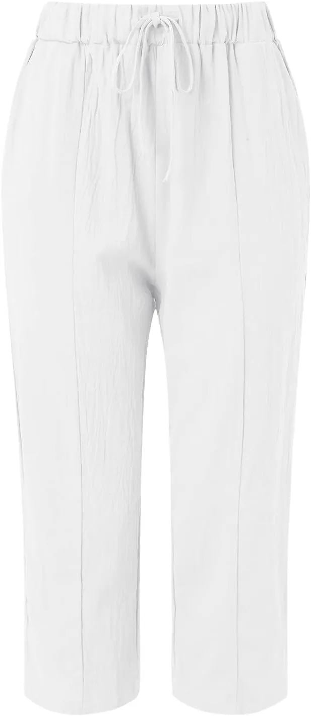 Women's Linen Pants Summer Casual Loose Elastic High Waisted Wide Leg Quick Dry Beach Cropped Trousers with Pockets