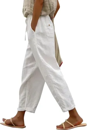 Women's Linen Pants Summer Casual Loose Elastic High Waisted Wide Leg Quick Dry Beach Cropped Trousers with Pockets
