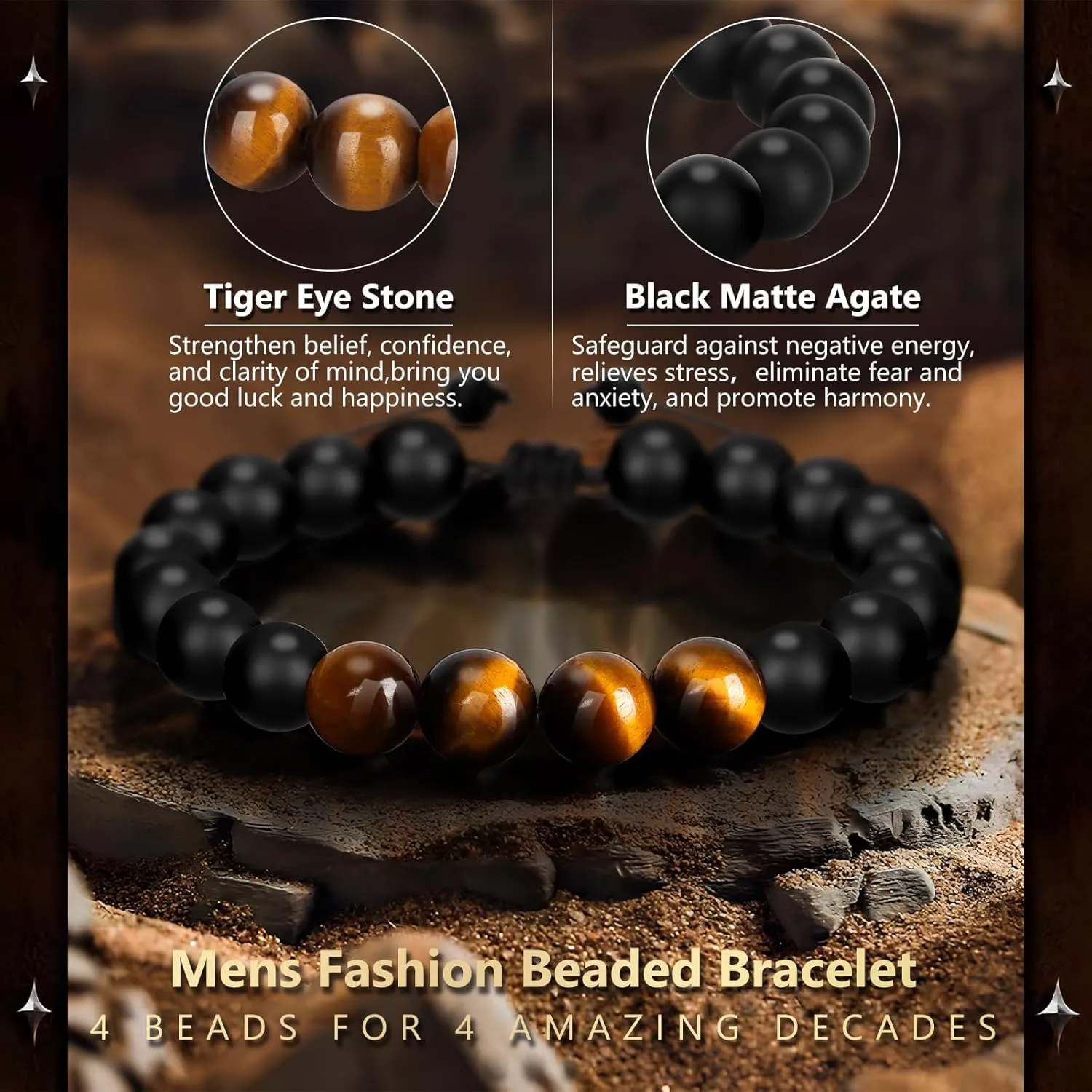 Yadiana 30th 40th 50th 60th Birthday Gifts for Men, Mens Beaded Bracelets with Tiger Eye Stone Adjustable Natural Polished Stone Bracelets, 30 40 50 60 Year Old Mens Birthday Gift Ideas for Him Grandpa Dad Husband Uncle Brother Friend