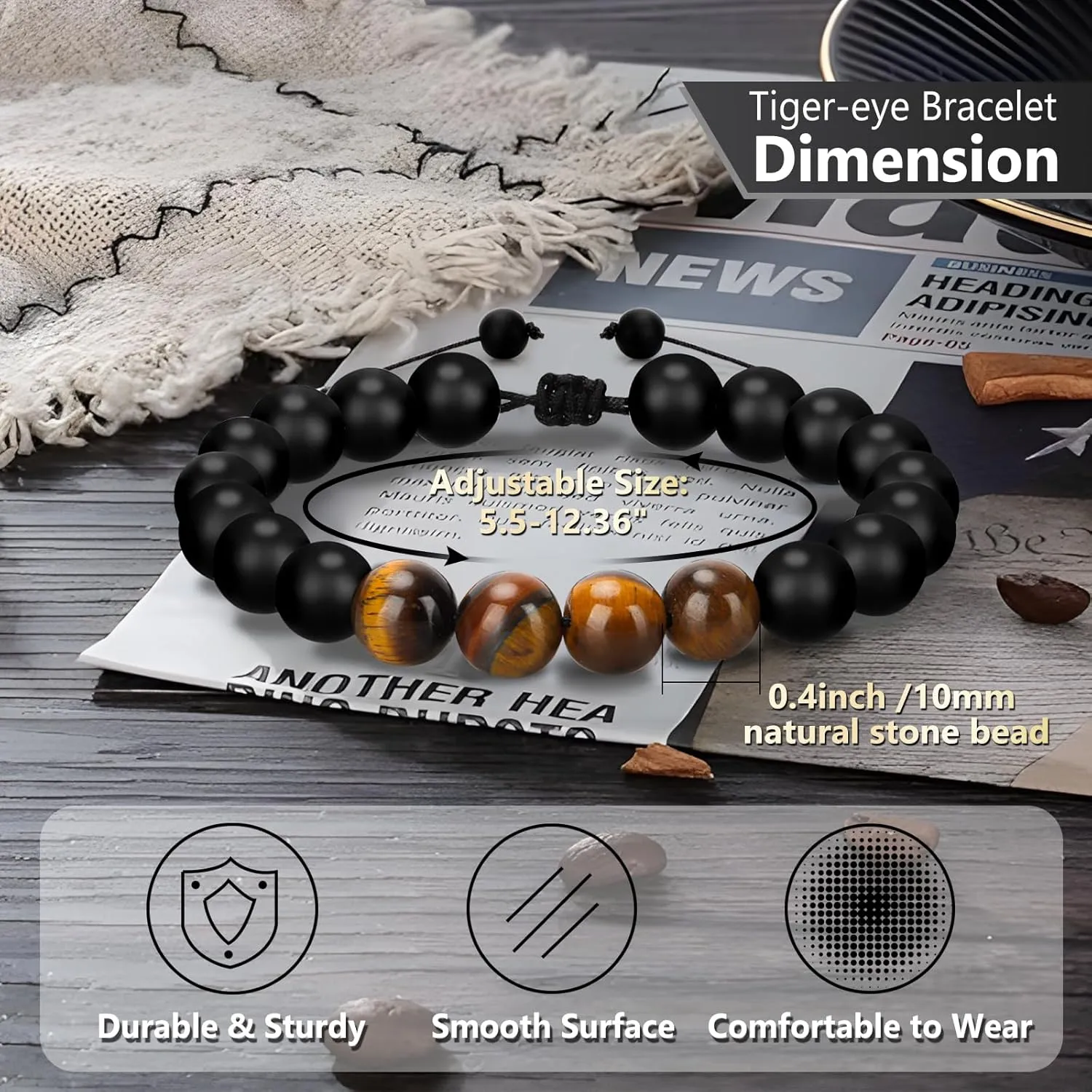 Yadiana 30th 40th 50th 60th Birthday Gifts for Men, Mens Beaded Bracelets with Tiger Eye Stone Adjustable Natural Polished Stone Bracelets, 30 40 50 60 Year Old Mens Birthday Gift Ideas for Him Grandpa Dad Husband Uncle Brother Friend