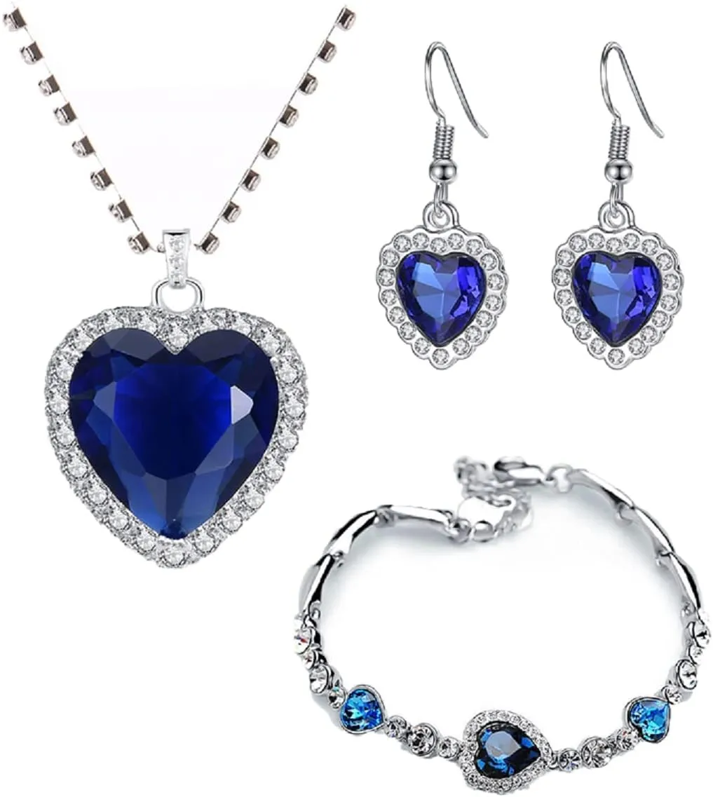 Yeahgoshopping Korean Hot Women's Classic Heart of Ocean Crystal for Women Beach Heart Blue Jewelry Gift Set for Classic Women, Valentine Day, Birthday, Mother Day
