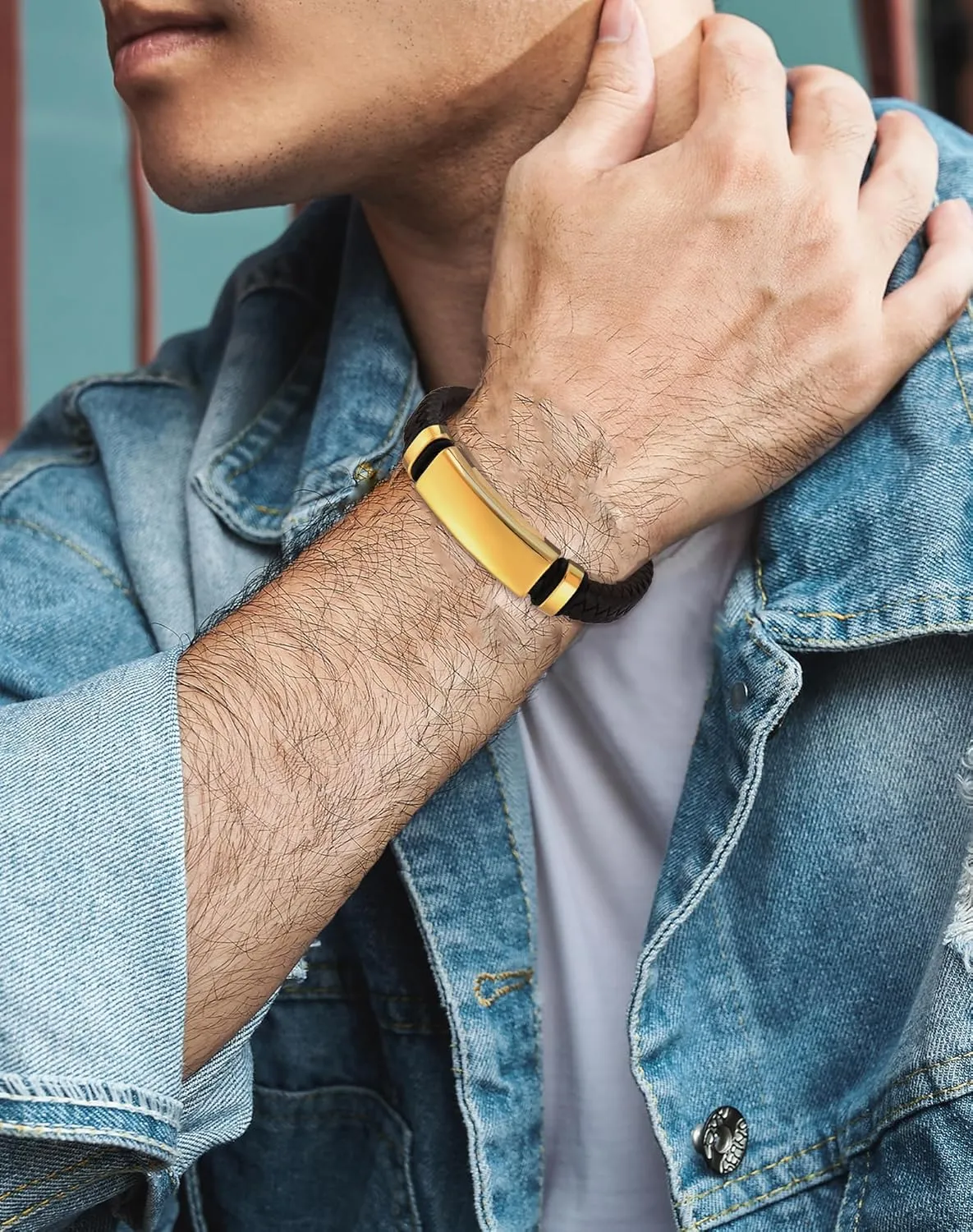 YL Polished Stainless Steel Mens Bracelet, Handcrafted Braided Leather Bangle Punk Wristband Jewelry for Men Women