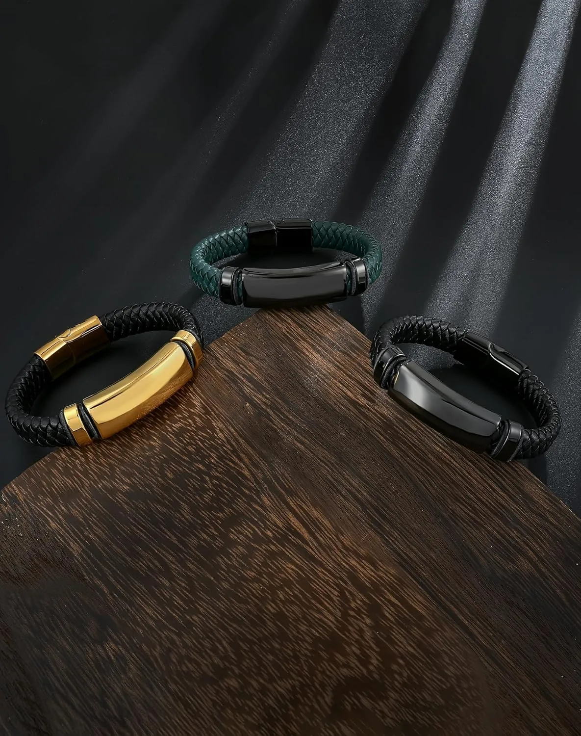 YL Polished Stainless Steel Mens Bracelet, Handcrafted Braided Leather Bangle Punk Wristband Jewelry for Men Women