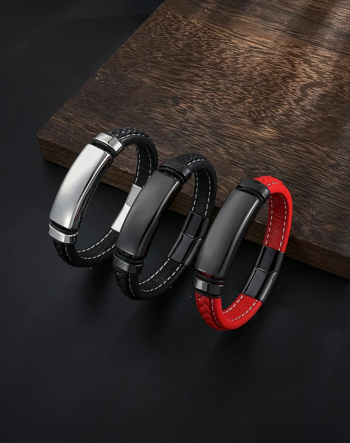 YL Polished Stainless Steel Mens Bracelet, Handcrafted Braided Leather Bangle Punk Wristband Jewelry for Men Women