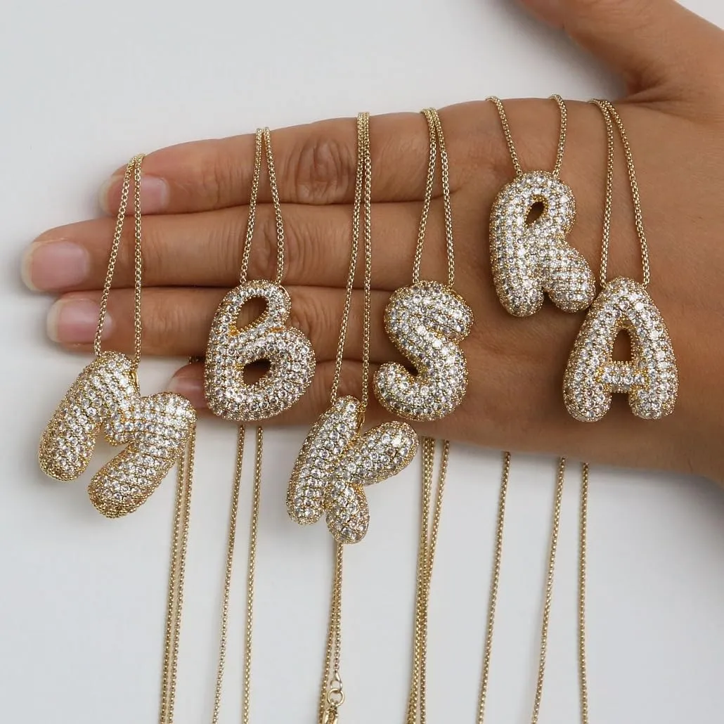 Zircon Letter Name Bubble Alphabet Necklace for Women Diamond Balloon Initial Pendant Necklaces