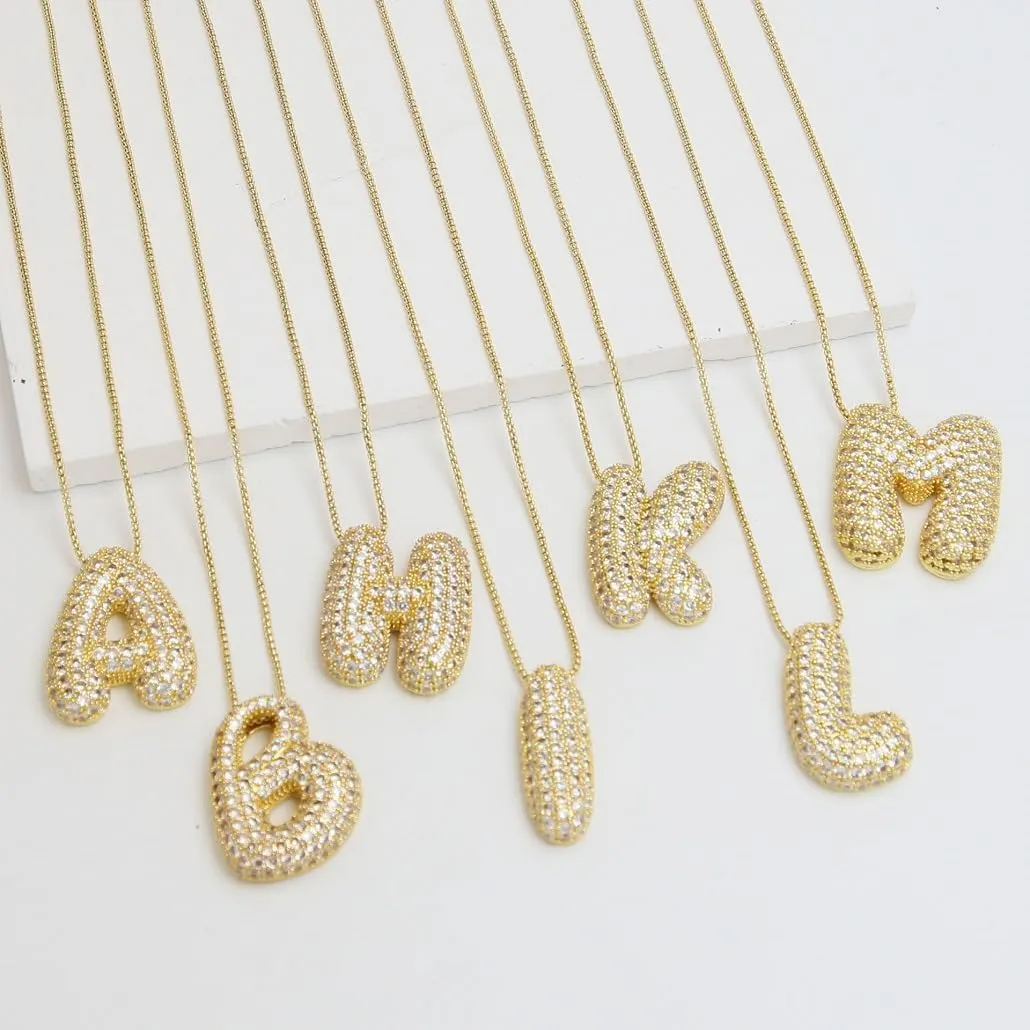 Zircon Letter Name Bubble Alphabet Necklace for Women Diamond Balloon Initial Pendant Necklaces