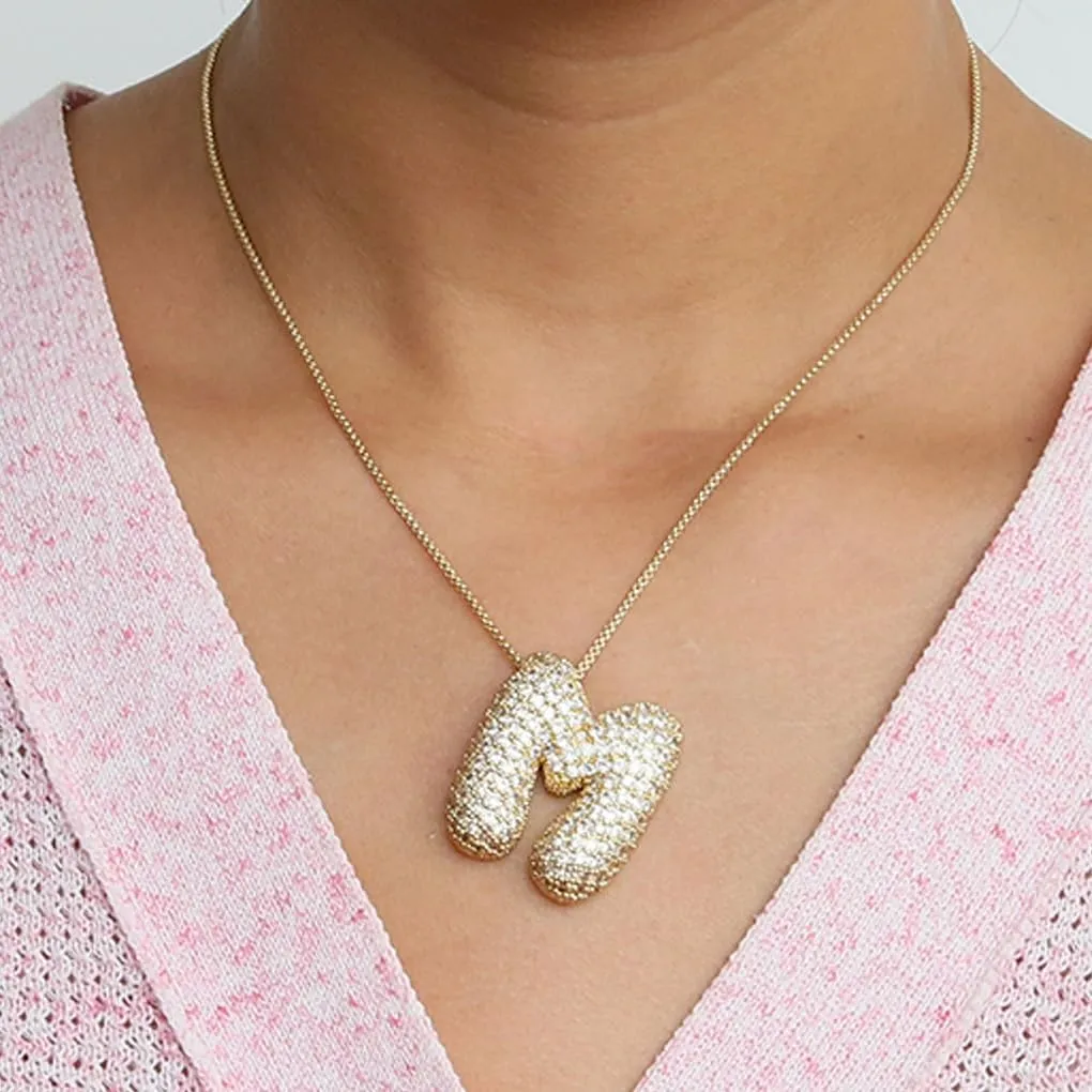 Zircon Letter Name Bubble Alphabet Necklace for Women Diamond Balloon Initial Pendant Necklaces